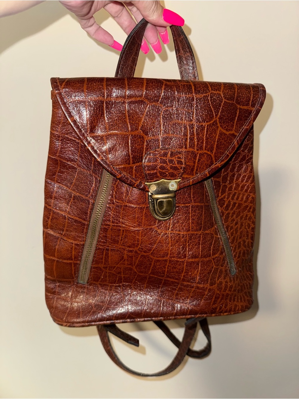 Studio Angelino 90s Vintage Brown Croc-Embossed Leather Backpack Purse
